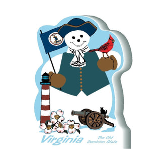 3/4" thick wooden cutout of a Snowman with Virginia flag, cardinal, lighthouse, and cannon on a light blue background