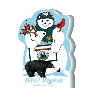 3/4" thick wooden cutout of a Snowman with West Virginia emblem, cardinal, bear, and cat on a blue background