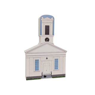 3/4" thick wooden  cutout of a church with a clock tower on a white background
