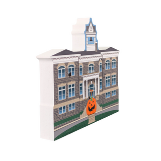 Decorative 3/4" thick wooden cutout with a building design featuring a pumpkin on a white background