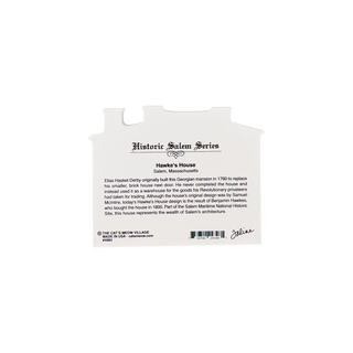 back of wooden replica with black text on white background about historic Salem Hawke's House