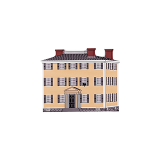 3/4" wooden replica with an illustration of  a two-story house with a central entrance and shutters on a white background