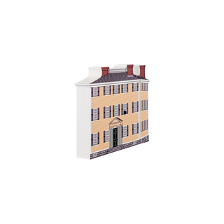 3/4" wooden replica with an illustration of  a two-story house with a white roof on a white background