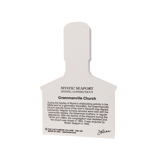 3/4" thick wooden model with text about Mystic Seaport and Greenmanville Church on a white background