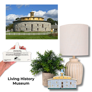 Collage of a round stone building, a lamp, a plant, and a model of a round stone building with 'Living History Museum' text.
