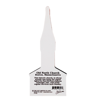 White 3/4" thick wooden replica of Old North Church with text on a white background
