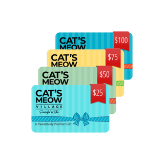Set of colorful gift cards with 'Cat's Meow' branding on a white background
