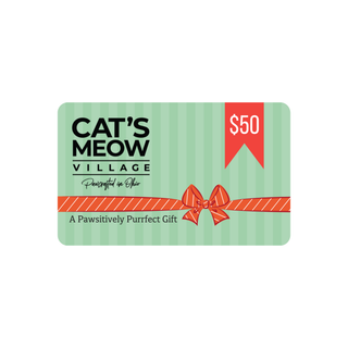 Cat's Meow Village gift card with a green background and red accents