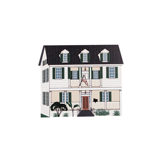 3/4" thick wooden Illustration of a two-story house with green shutters and a white porch.