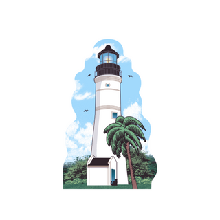 3/4" thick wooden Illustration of a lighthouse with a palm tree on a blue sky background