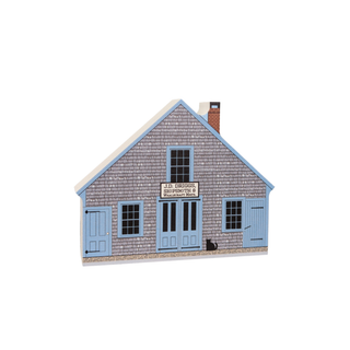 3/4" thick wooden Model of a small house with a sign on a white background