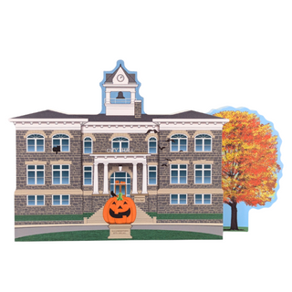 3/4" thick wooden Illustration of a city hall with a pumpkin and autumn tree