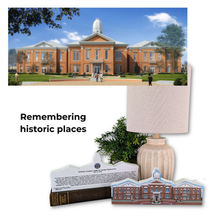 Model of a brick building with a lamp and decorative card on a white background, text 'Remembering historic places'.