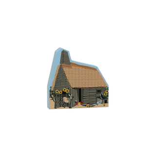 3/4" thick wooden figurine of a rustic cabin with animals and sunflowers on a white background
