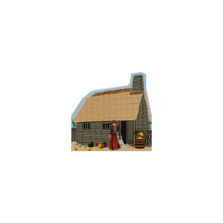 3/4" wooden replica with an illustration  of a Small house-shaped cutout with a person and animals in front on a white background