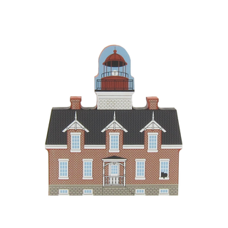 3/4" thick wooden Illustration of a lighthouse building with a red roof and brick walls.