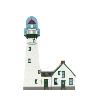 3/4" thick wooden Illustration of a lighthouse with a white tower and green accents on a white background