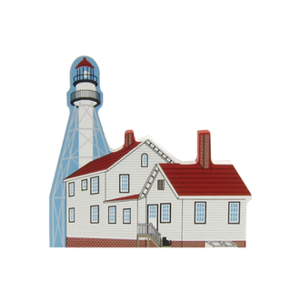 3/4" thick wooden Illustration of a lighthouse and a house with a red roof on a white background