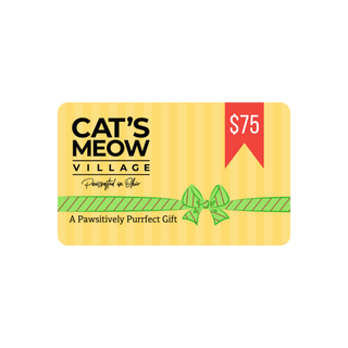 Cat's Meow Village gift card with a yellow striped design and green ribbon on a white background