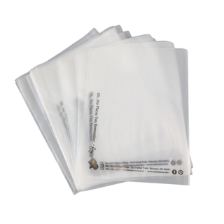 Stack of clear product storage bags with text on a white background