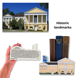 Collection of books and a card with a building illustration and text, labeled 'Historic landmarks'. Wooden Model of the image titled historic georgetown country courthouse 