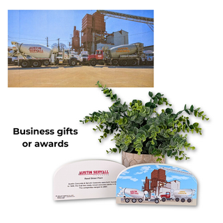 Collage of business gifts or awards with cement trucks and a plant with a wooden model made with trucks and blue sky
