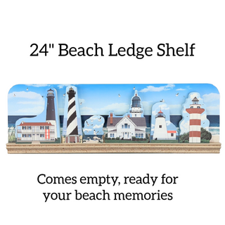 Beach ledge shelf with lighthouse design and text on a white background