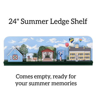 24-inch summer-themed ledge shelf with colorful illustrations of a house, bridge, and people against a blue sky.