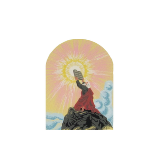 3/4" thick wooden replica with an Illustration of a Figure in red robe holding a book on a rocky outcrop with a radiant light in the background