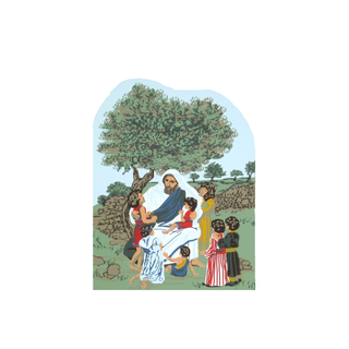 3/4" thick wooden replica with an Illustration of a man teaching children outdoors with trees and rocks in the background