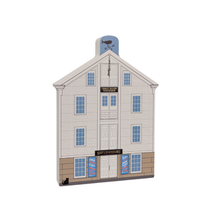 3/4" thick wooden Model of a two-story building with various signs on a white background