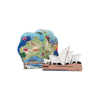 3/4" thick wooden illustrations of a map of Australia and the Sydney Opera House on a white background