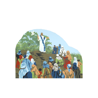 3/4" thick wooden replica with an Illustration of  a religious figure teaching a crowd outdoors