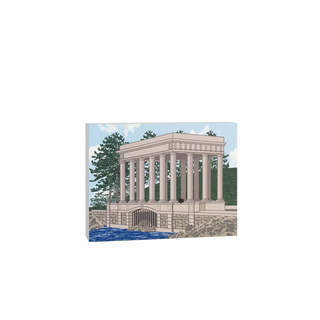 3/4" wooden replica with an illustration of  a classical building with columns and trees in the background