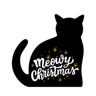 3/4" thick wooden replica with an illustration of a black cat that says meowy christmas with gold stars 