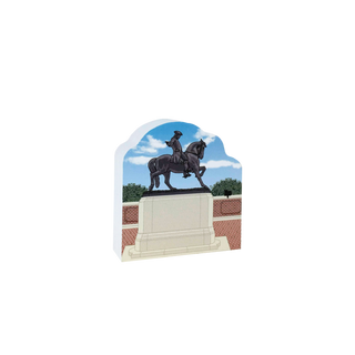 3/4" thick wooden illustration of a statue of a man on horseback with a brick wall background