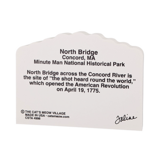 product back with black text about North Bridge in Concord, MA on a white background