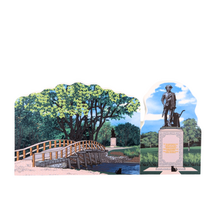 Two scenic 3/4" wooden replica with illustrations of a park with a bridge and a statue on a white background