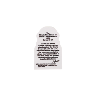 back of product with black text on a white background that says "the minute man statue by daniel chester french"