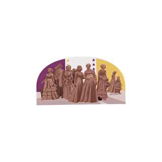 3/4" wooden replica with an illustration of a group of women in dresses with a purple and yellow background