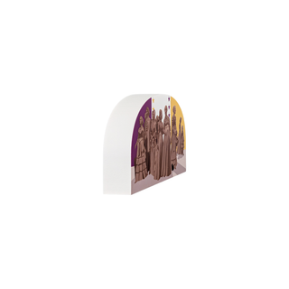 3/4" wooden replica with an illustration of womans statue with purple and yellow background 
