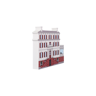 3/4" wooden replica with an illustration of a building with red and white facade on a white background