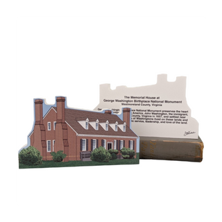 3/4" thick wooden cutout of  a brick building with descriptive text on a white background