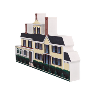 3/4" wooden replica with an illustration of a two-story house with a white roof and beige walls on a white background