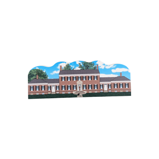 3/4" thick wooden illustration of a building with sky on a white background