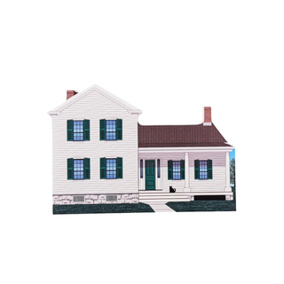 3/4" wooden replica with an illustration of a two-story house with white siding, green shutters, and brown roof.