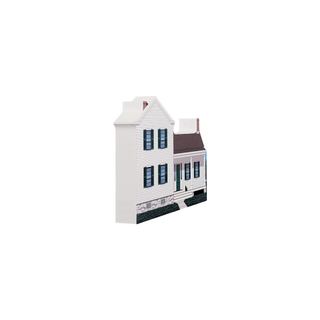 3/4" wooden replica with an illustration of a two-story house with white siding and blue shutters on a white background