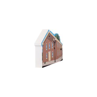 3/4" wooden replica with an illustration of a street scene with buildings and a lamp post on a white background