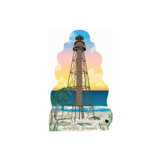 3/4" wooden replica with an illustration  of a Lighthouse on a beach with palm trees and a colorful sky