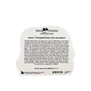 back of product with description with text about Jesus' Triumphal Entry into Jerusalem, featuring the Bible Stories Collection branding.